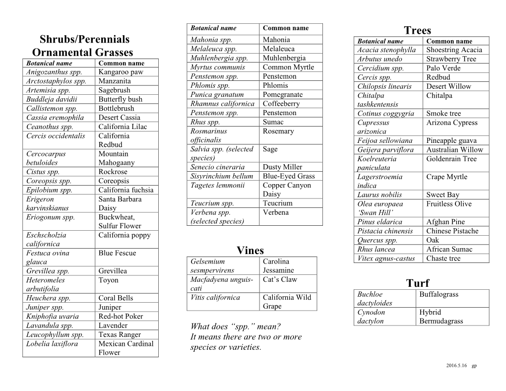 Shrubs/Perennials Ornamental Grasses Vines Trees Turf