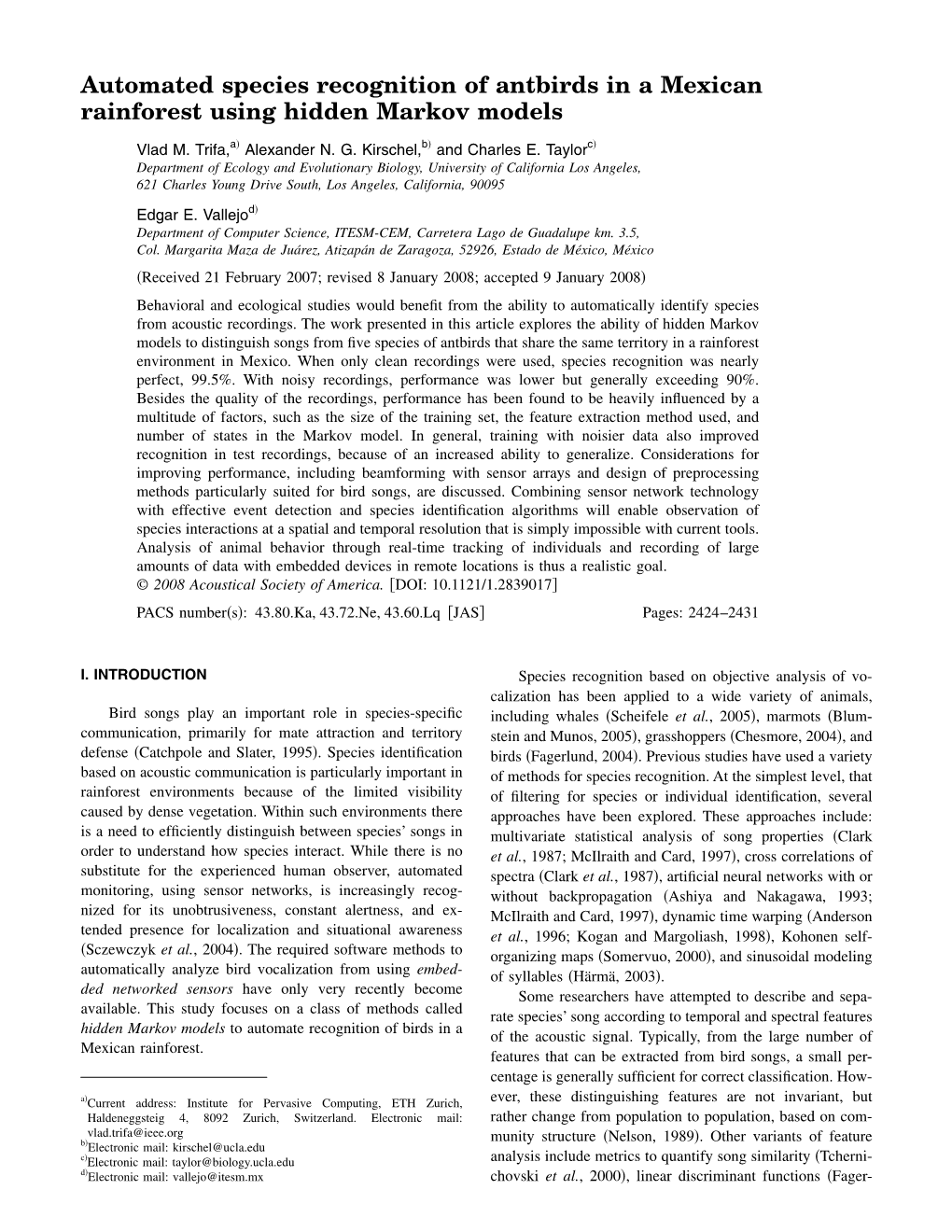 Automated Species Recognition of Antbirds in a Mexican Rainforest Using Hidden Markov Models