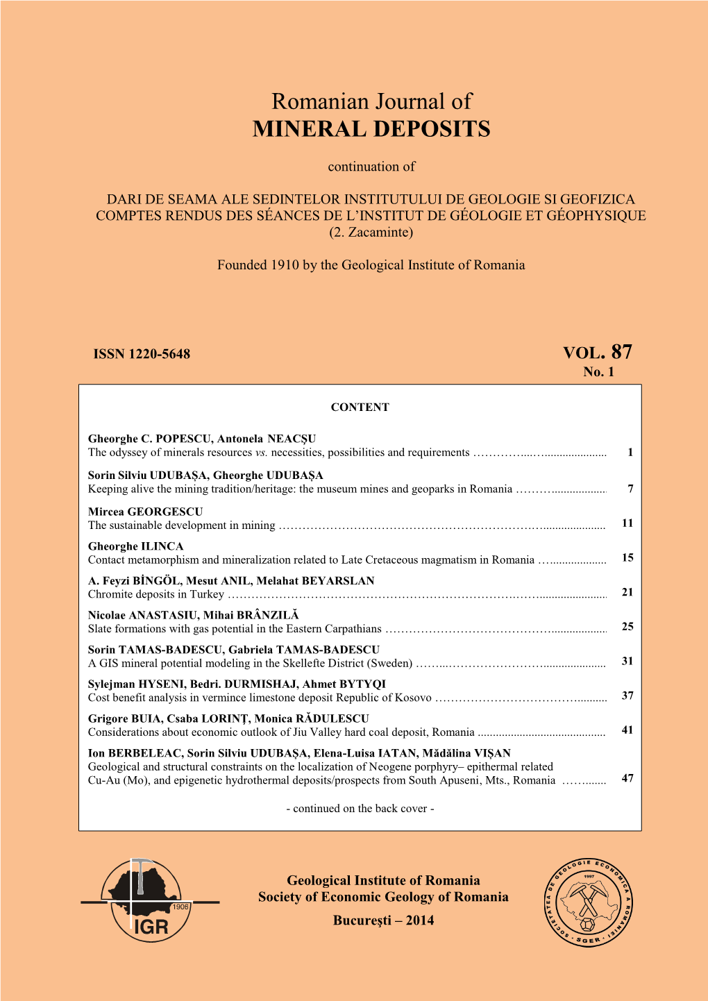 Romanian Journal of MINERAL DEPOSITS