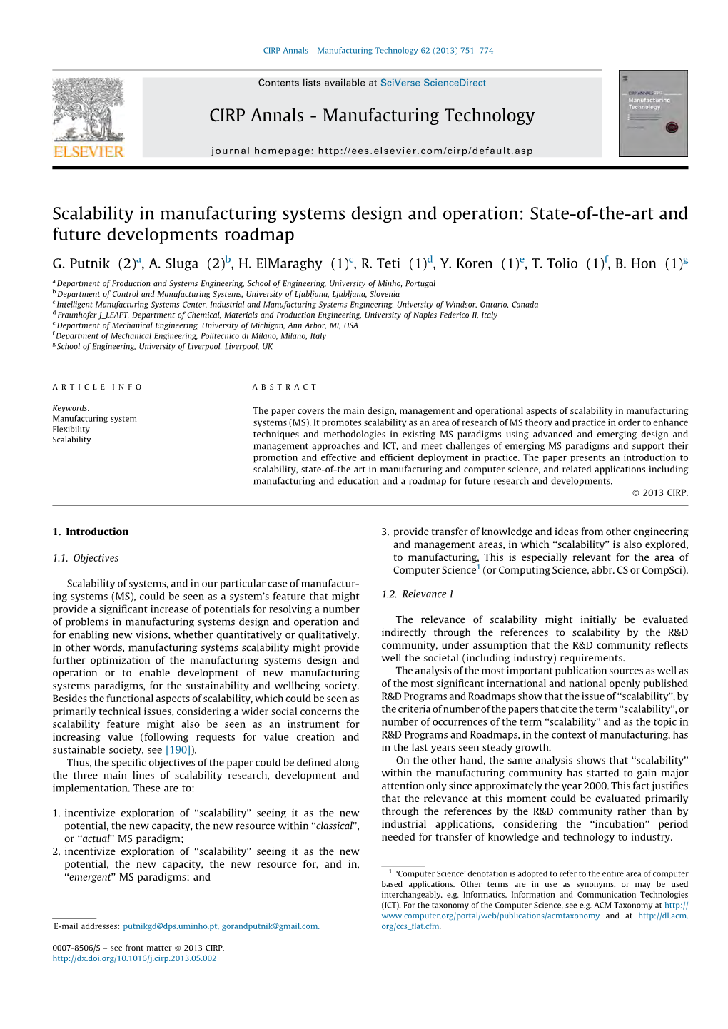 Scalability in Manufacturing Systems Design and Operation: State-Of-The-Art and Future Developments Roadmap