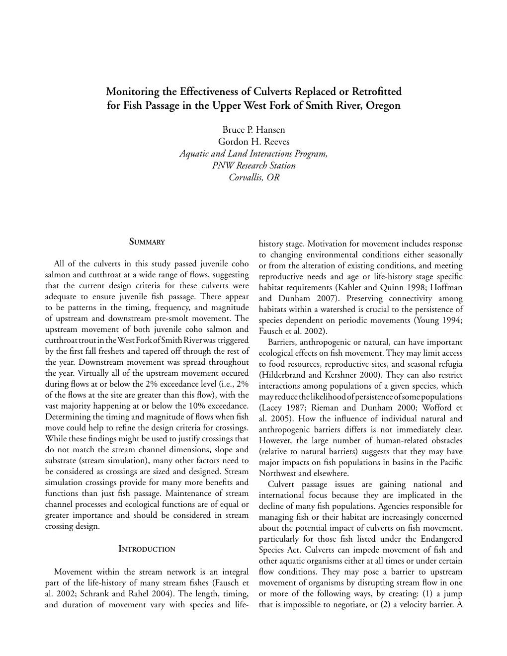 Monitoring the Effectiveness of Culverts Replaced Or Retrofitted for Fish Passage in the Upper West Fork of Smith River, Oregon