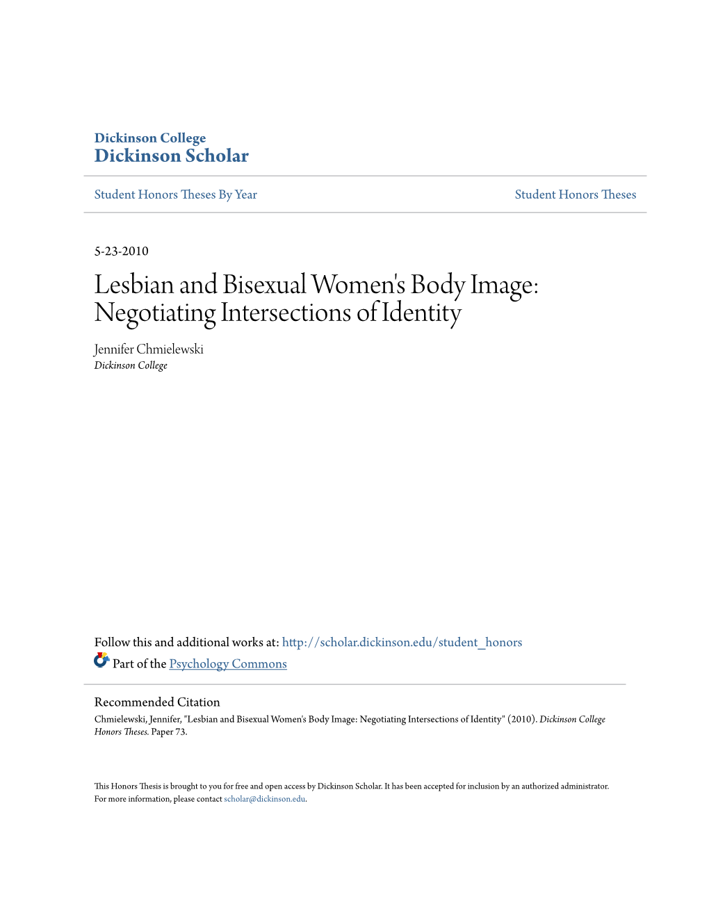 Lesbian and Bisexual Women's Body Image: Negotiating Intersections of Identity Jennifer Chmielewski Dickinson College
