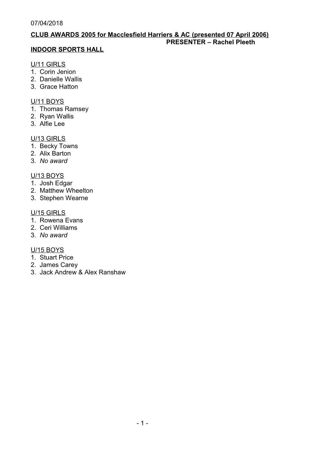 CLUB AWARDS 2005 for Macclesfield Harriers & AC (Presented 07 April 2006)