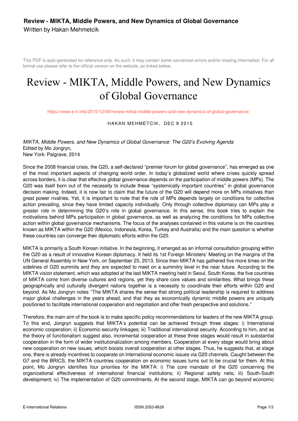 Review - MIKTA, Middle Powers, and New Dynamics of Global Governance Written by Hakan Mehmetcik