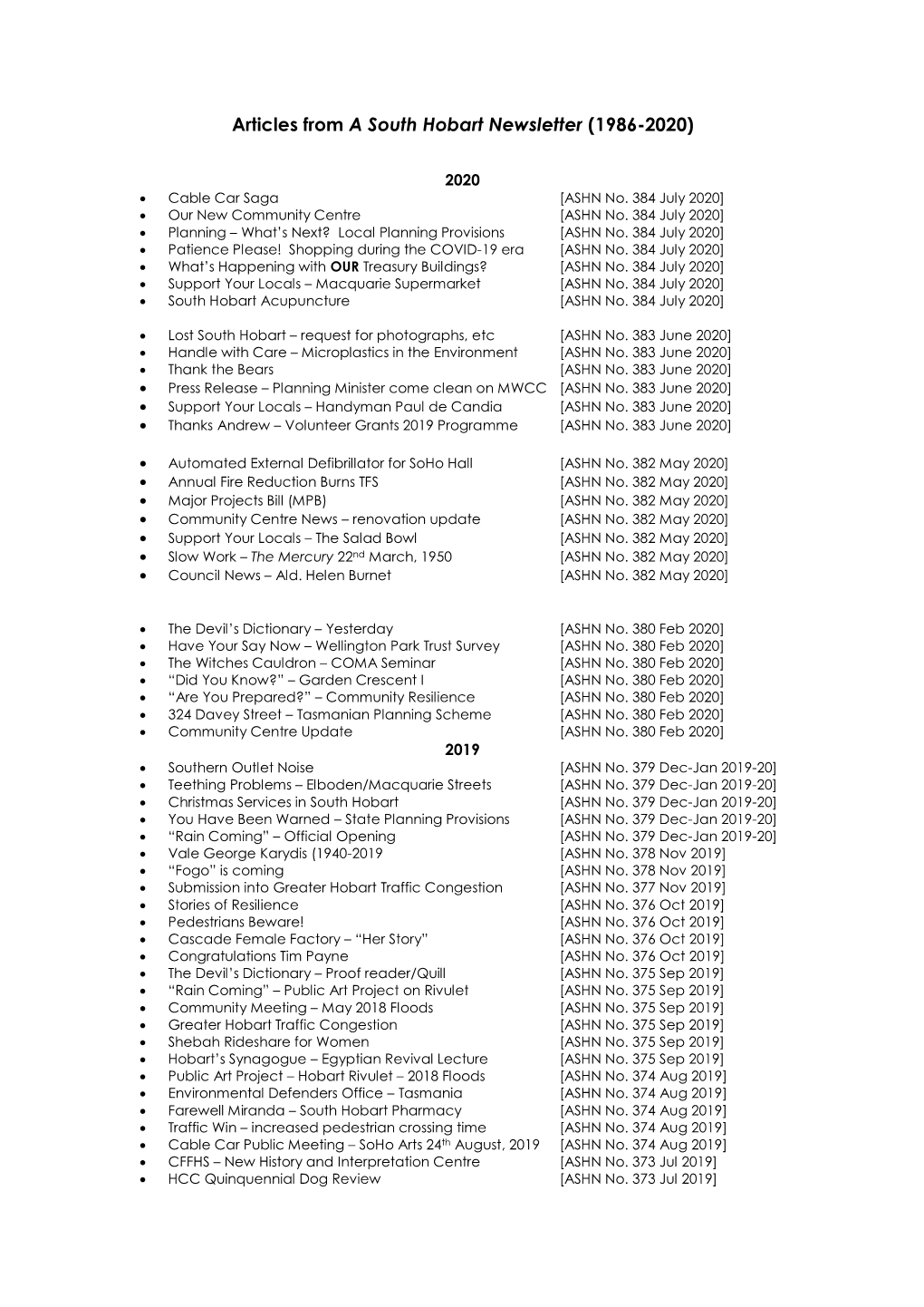 Articles from a South Hobart Newsletter (1986-2020)