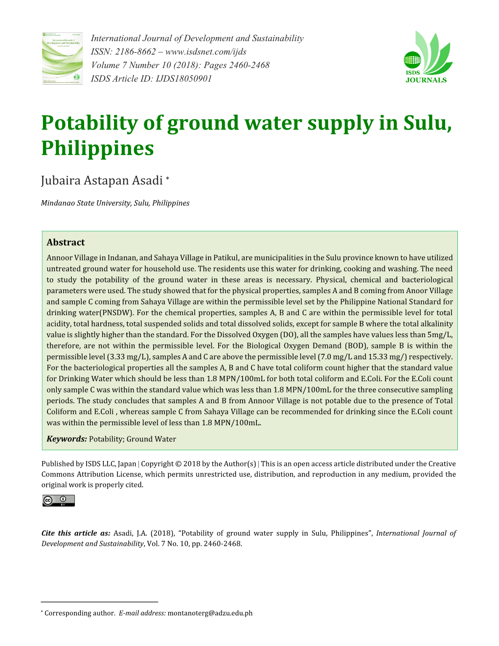 Potability of Ground Water Supply in Sulu, Philippines