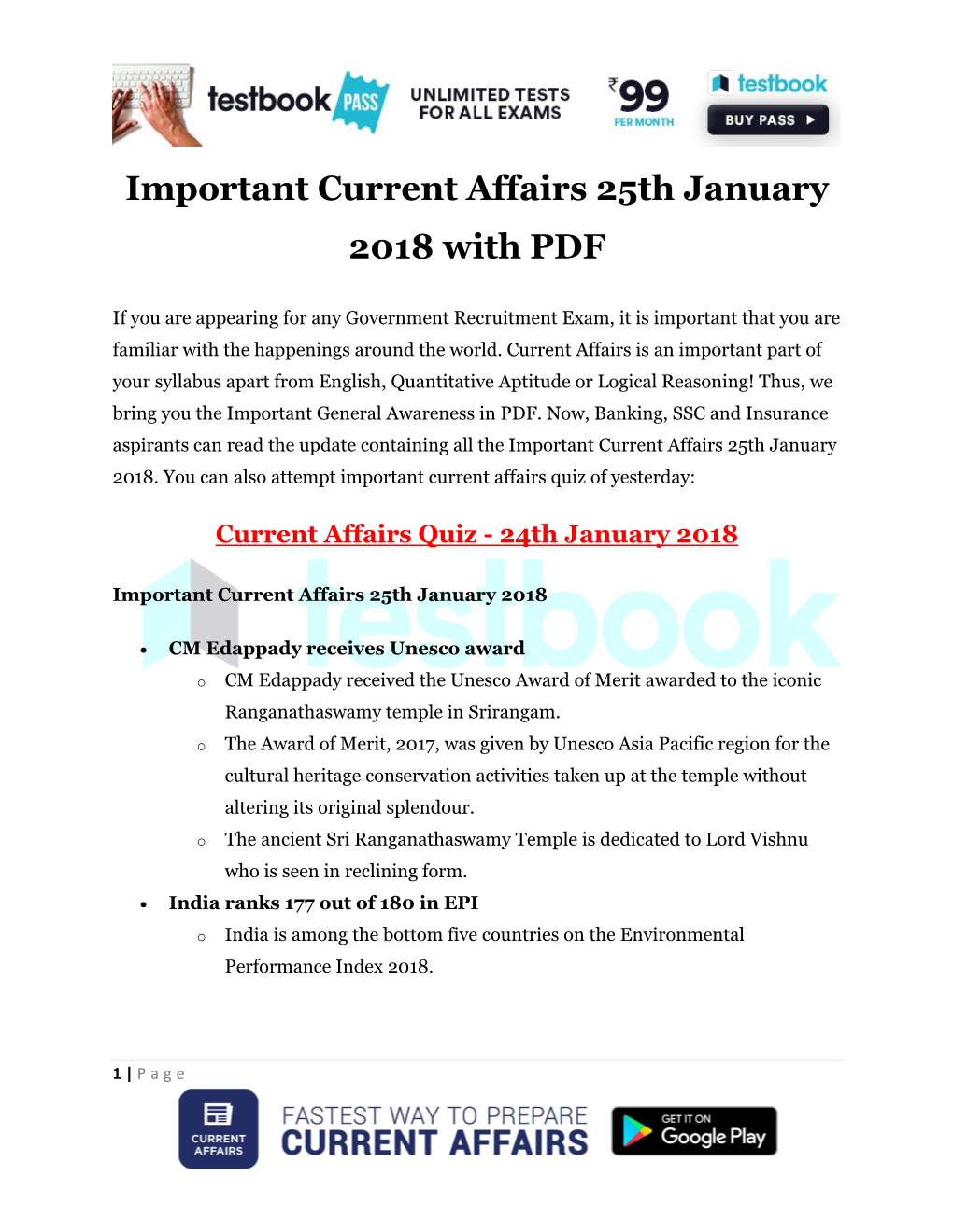 Important Current Affairs 25Th January 2018 with PDF