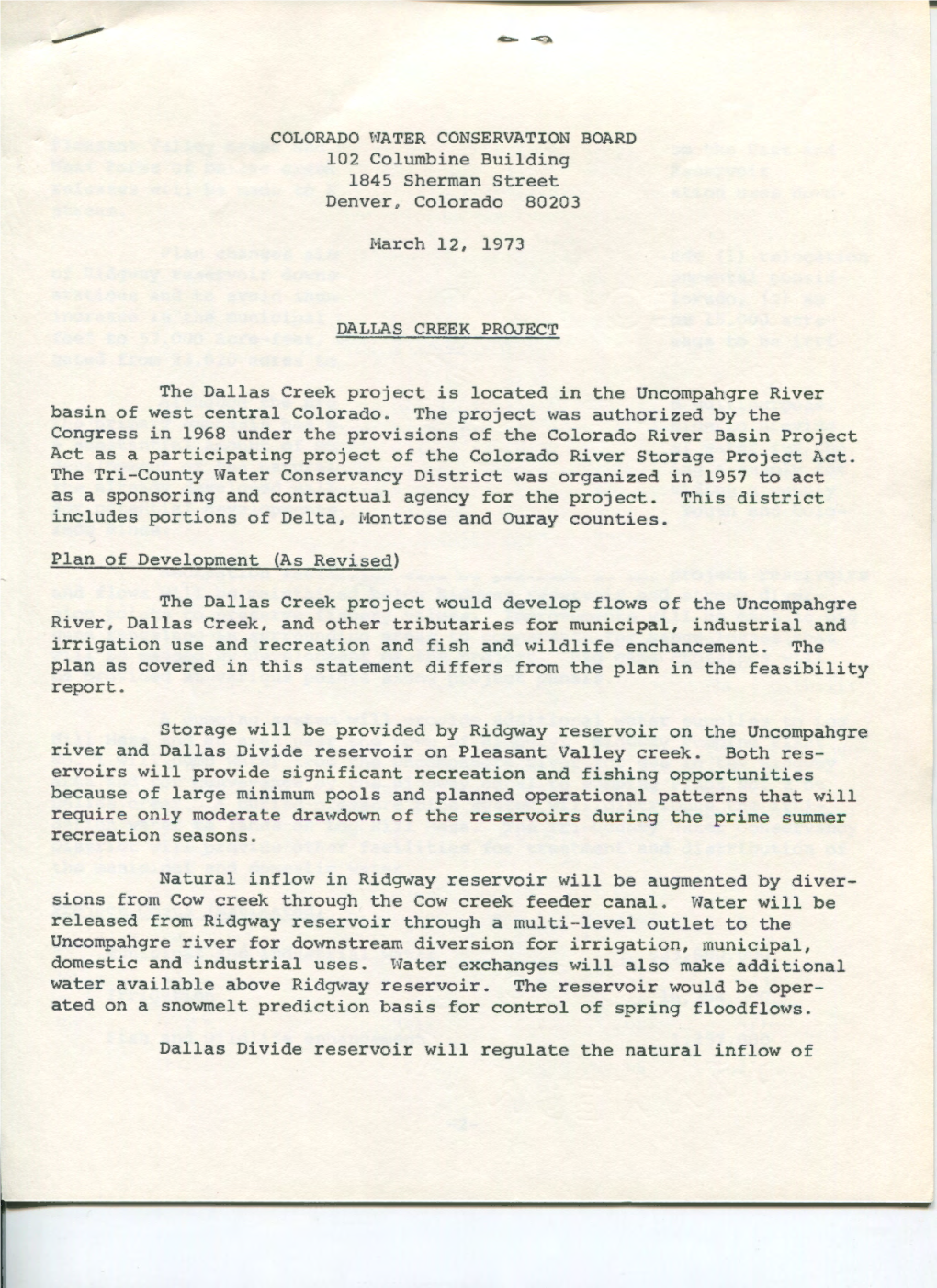 COLORADO WATER CONSERVATION BOARD 102 Columbine Building 1845 Sherman Street Denver, Colorado 80203