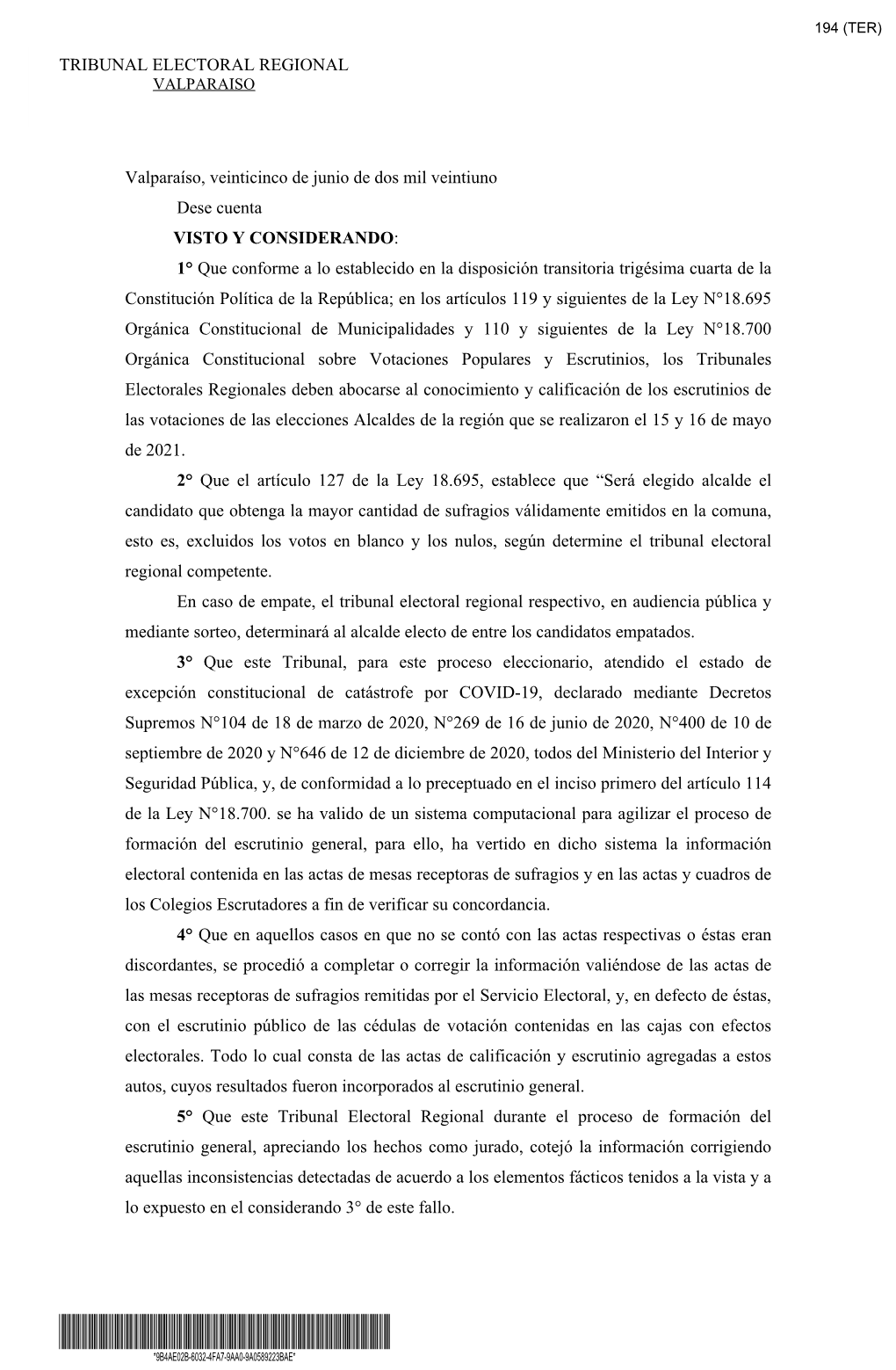 Sentencia De Proclamación De Alcaldes Del Tribunal Electoral De Valparaíso