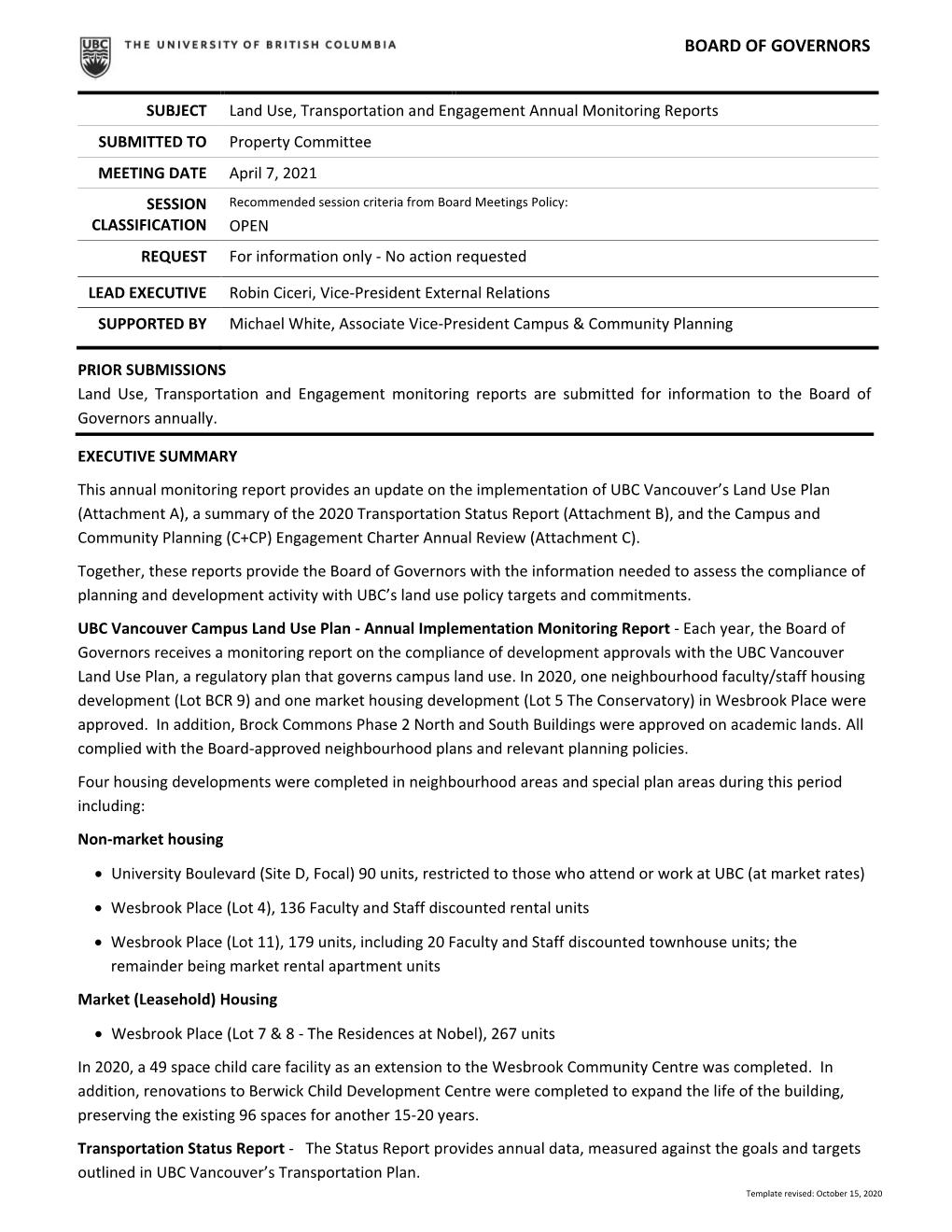 Land Use Plan, Transportation and Engagement Annual Monitoring