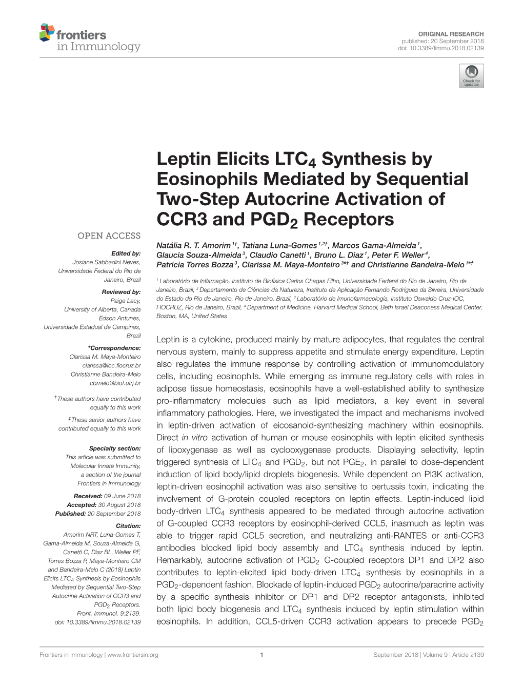 Leptin Elicits LTC4 Synthesis by Eosinophils Mediated by Sequential Two-Step Autocrine Activation of CCR3 and PGD2 Receptors