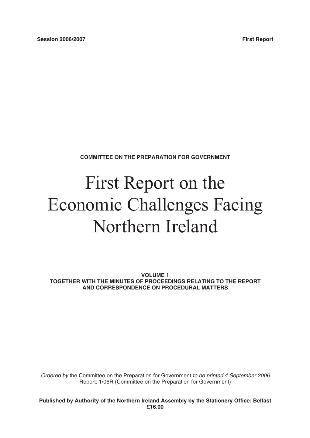 First Report on the Economic Challenges Facing Northern Ireland