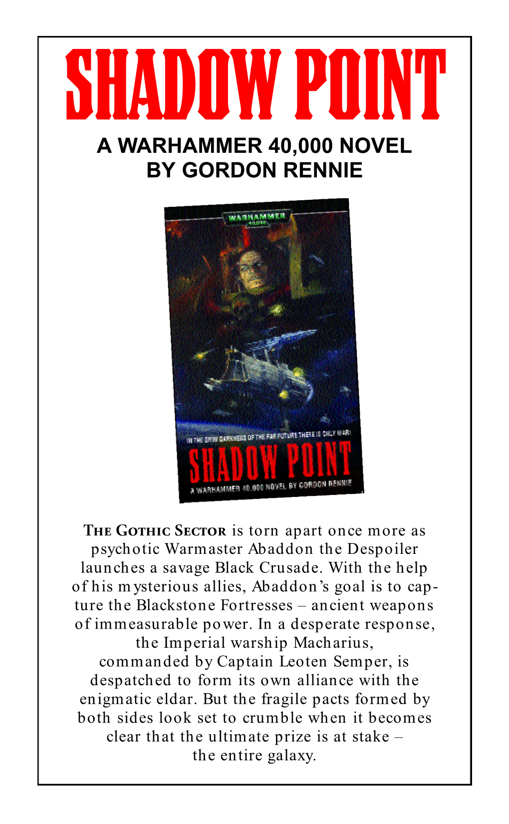 Shadow Point Awarhammer 40,000 Novel by Gordon Rennie