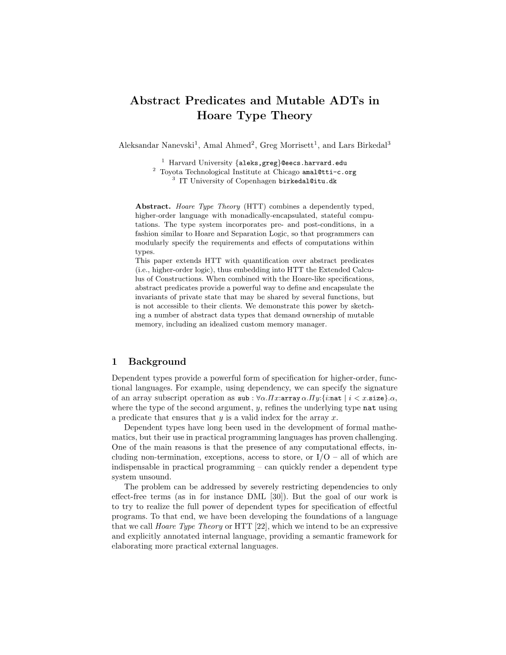 Abstract Predicates and Mutable Adts in Hoare Type Theory