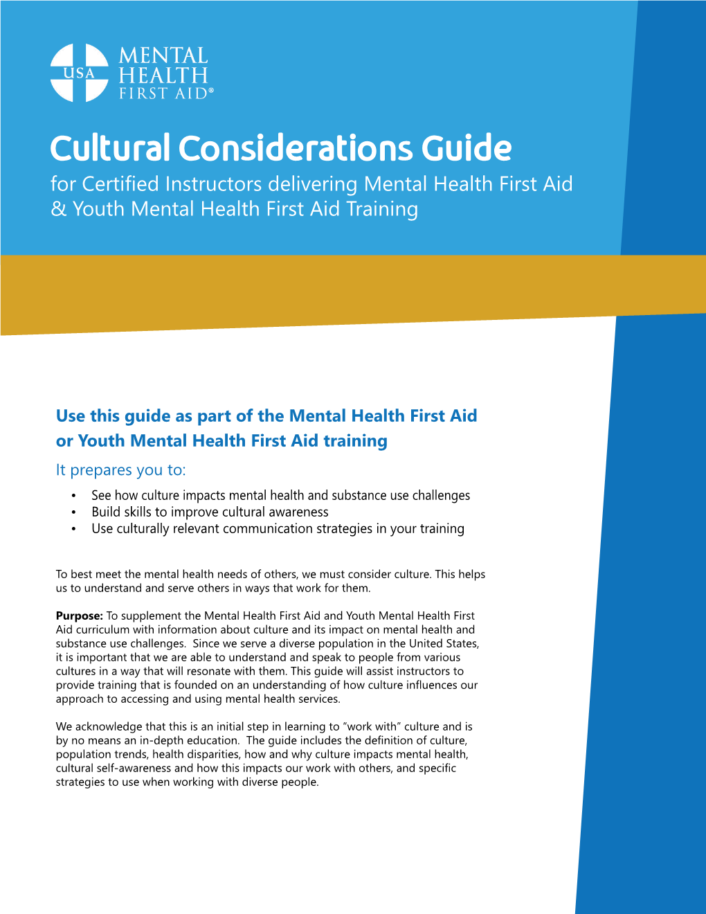Cultural Considerations Guide for Certified Instructors Delivering Mental Health First Aid & Youth Mental Health First Aid Training
