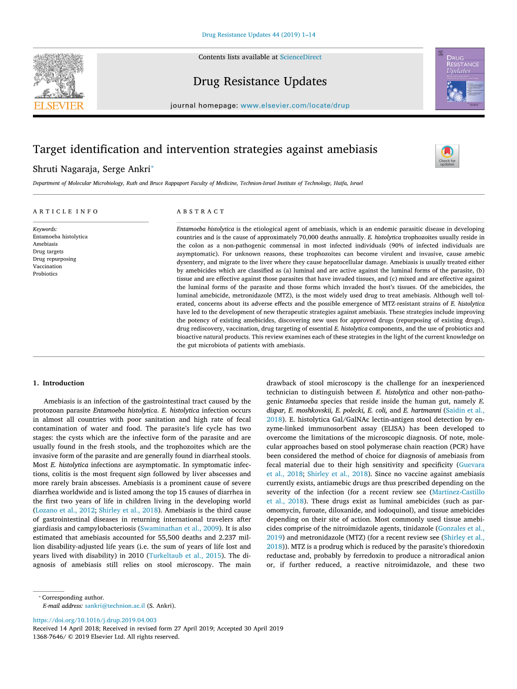 Target Identification and Intervention Strategies Against Amebiasis T ⁎ Shruti Nagaraja, Serge Ankri