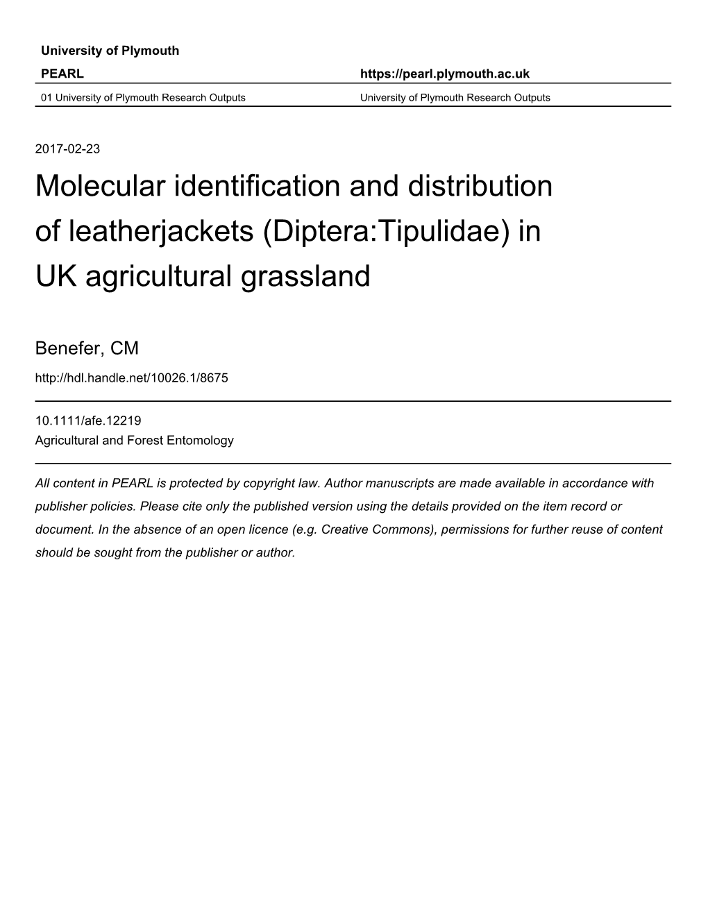 (Diptera:Tipulidae) in UK Agricultural Grassland. Running Title