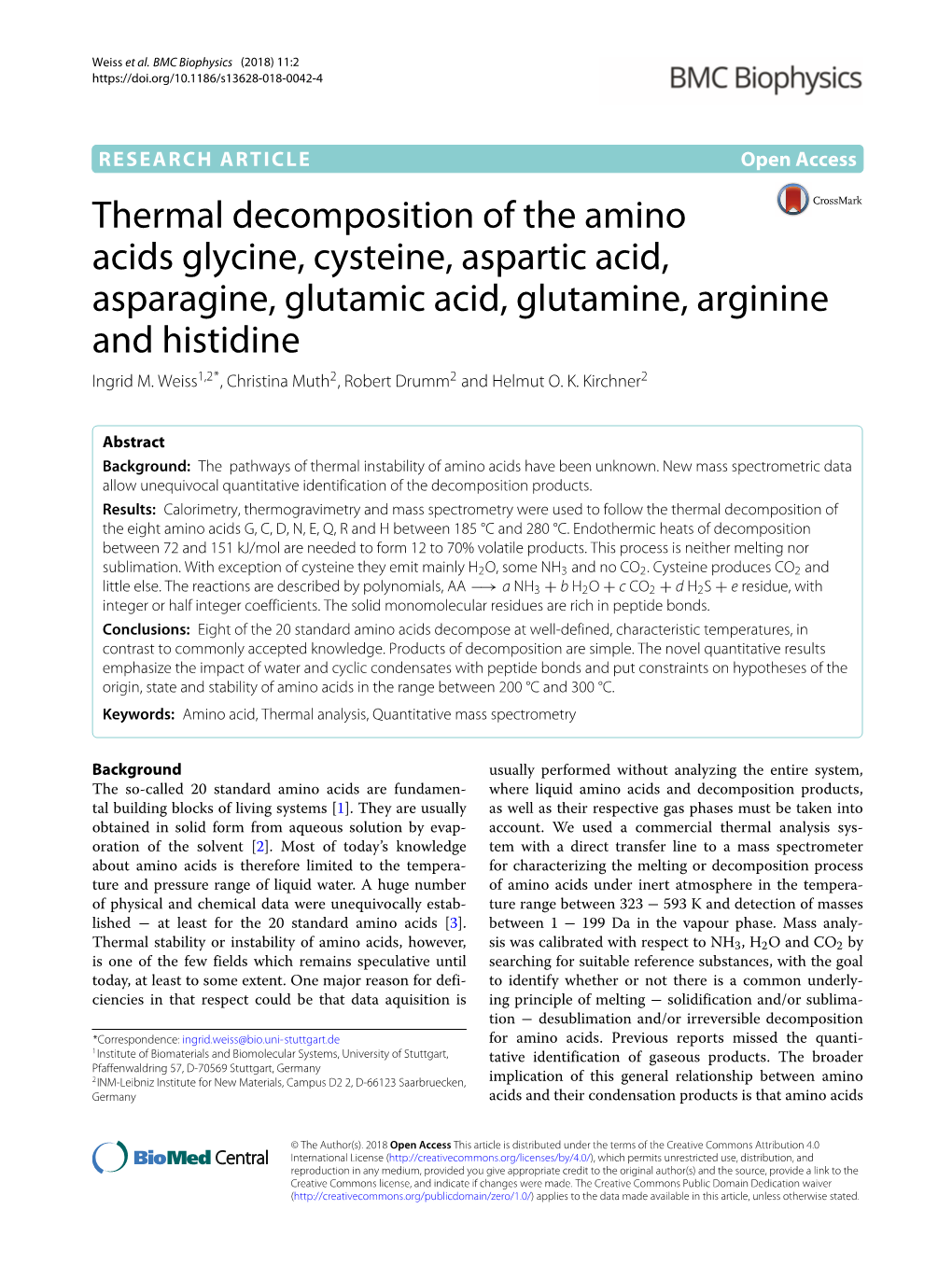 Thermal Decomposition of the Amino Acids Glycine, Cysteine, Aspartic Acid, Asparagine, Glutamic Acid, Glutamine, Arginine and Histidine Ingrid M