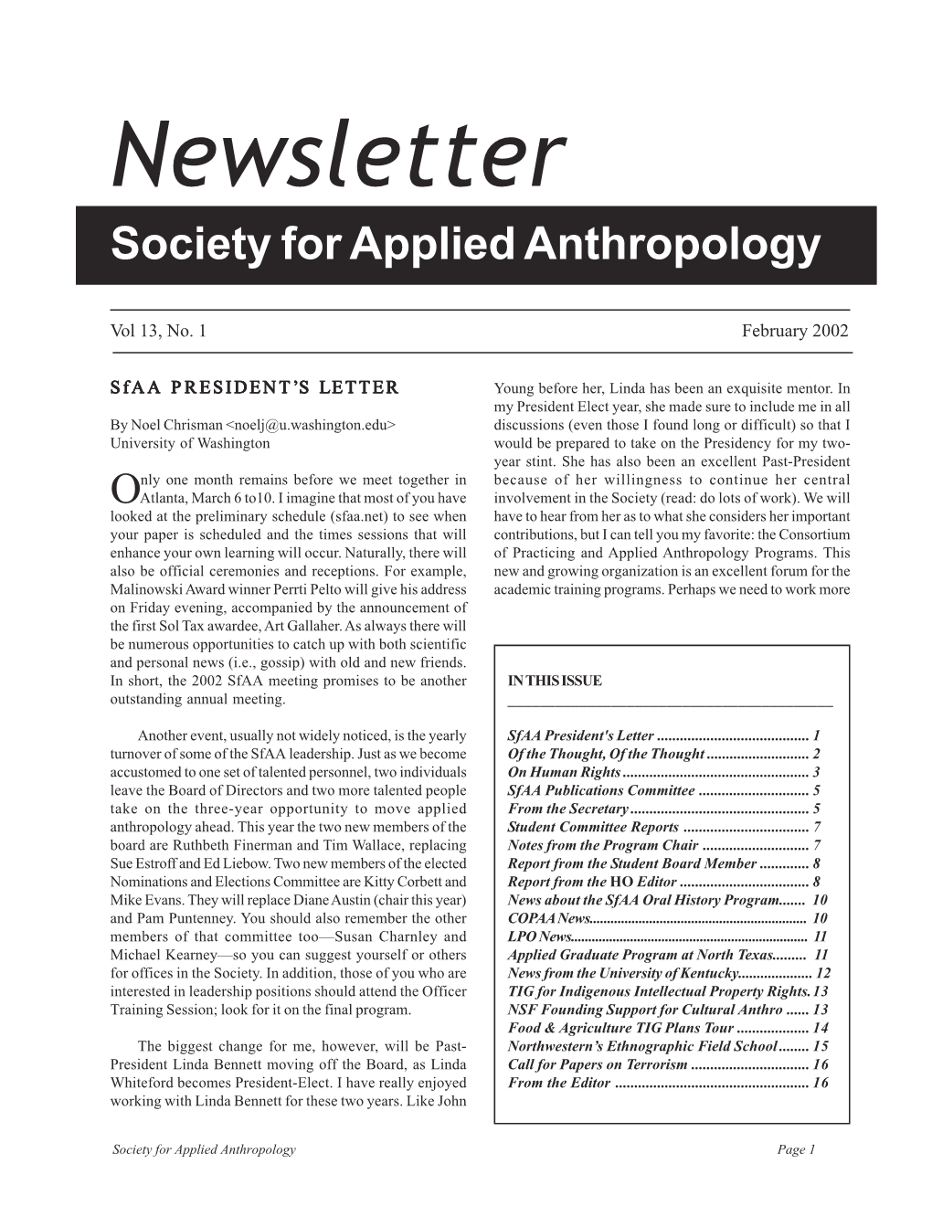 Newsletter Society for Applied Anthropology