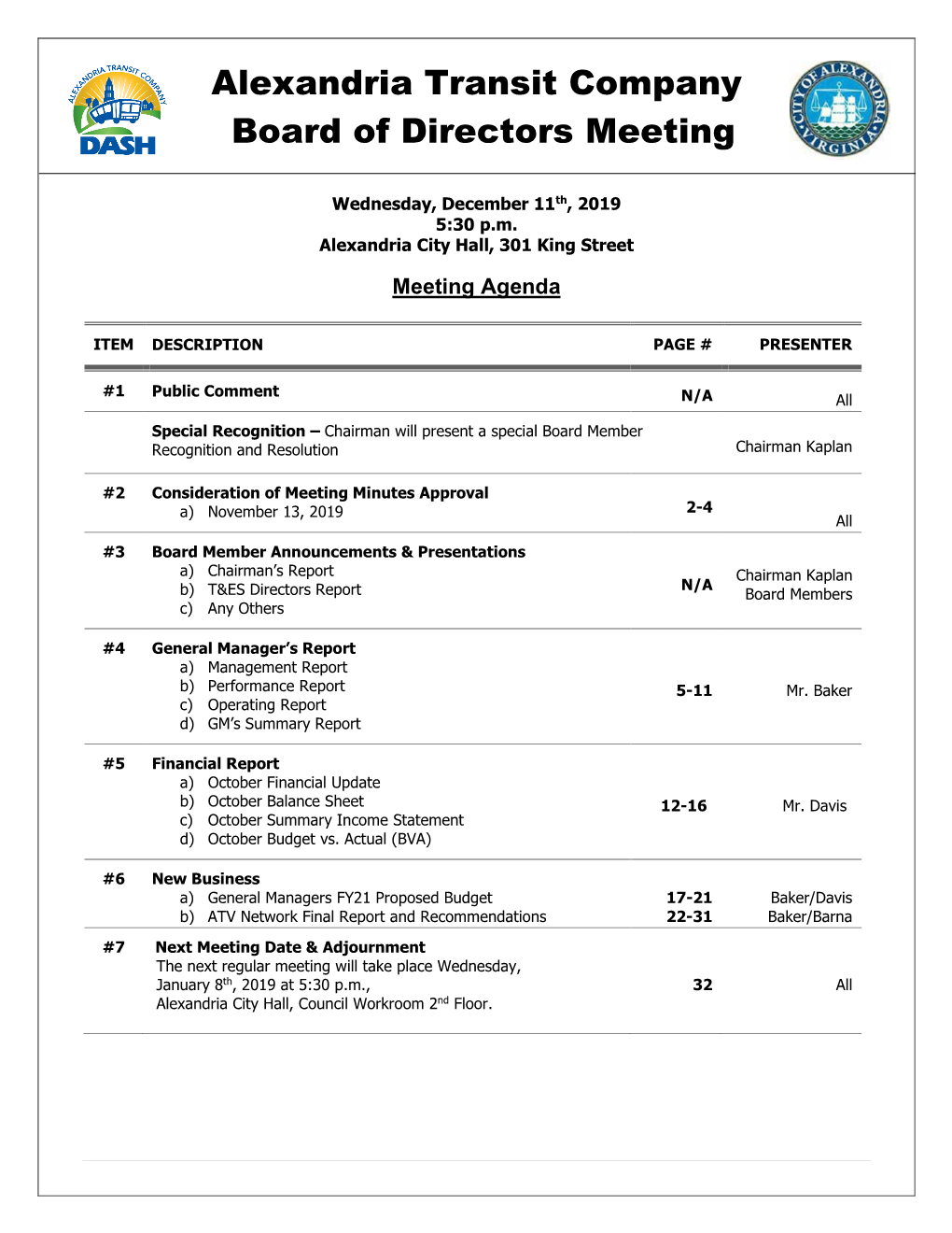 Alexandria Transit Company Board of Directors Meeting