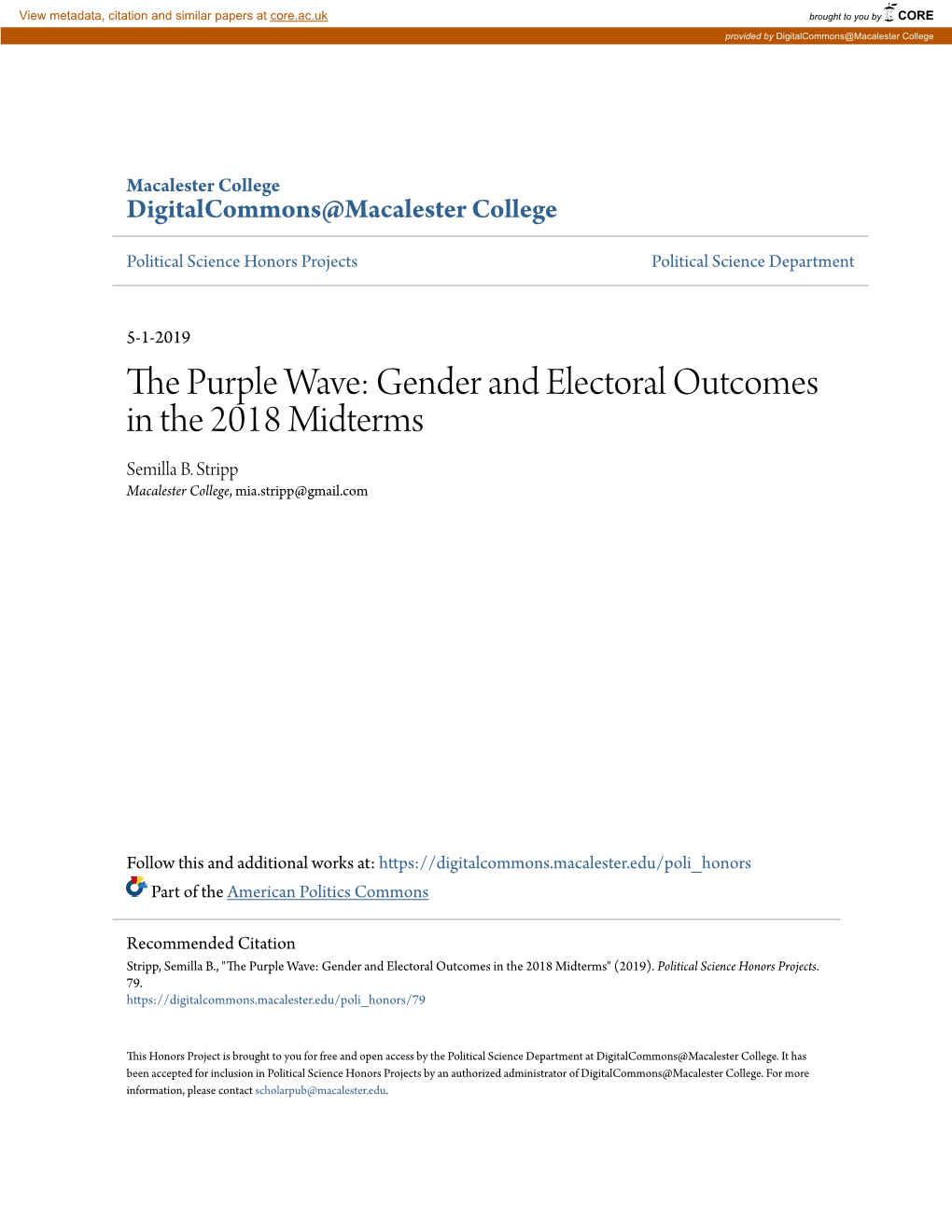 The Purple Wave: Gender and Electoral Outcomes in the 2018 Midterms Semilla B