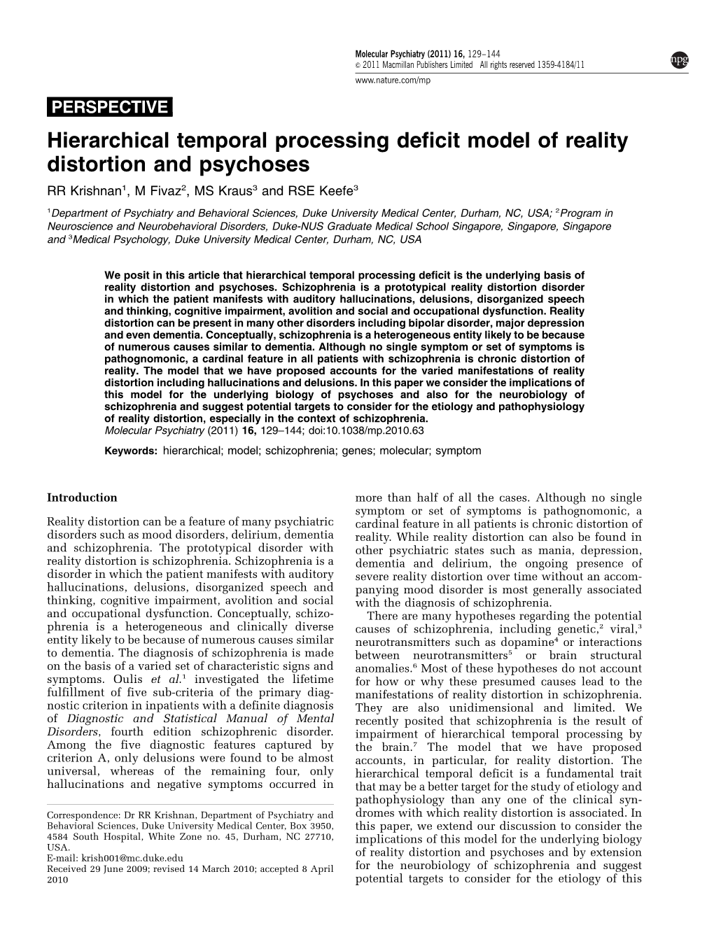 Hierarchical Temporal Processing Deficit Model of Reality Distortion And