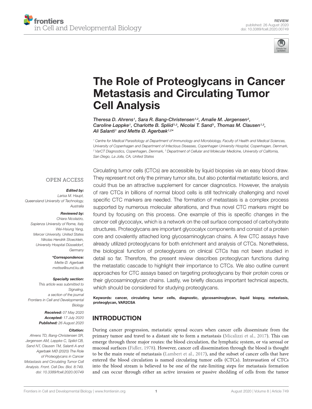 The Role of Proteoglycans in Cancer Metastasis and Circulating Tumor Cell Analysis