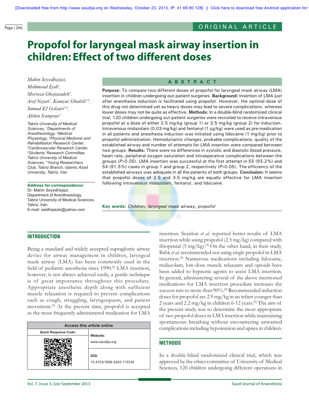 Propofol for Laryngeal Mask Airway Insertion in Children: Effect of Two Different Doses