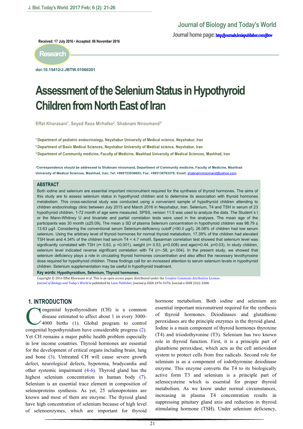 Assessment of the Selenium Status in Hypothyroid Children from North East of Iran