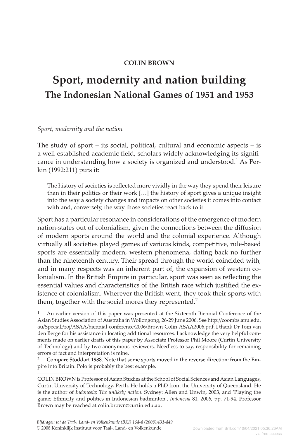 Sport, Modernity and Nation Building the Indonesian National Games of 1951 and 1953