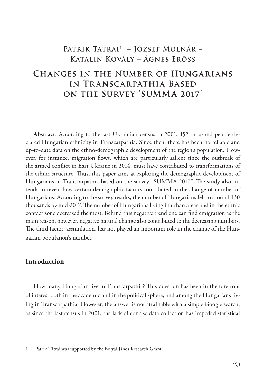 Changes in the Number of Hungarians in Transcarpathia Based