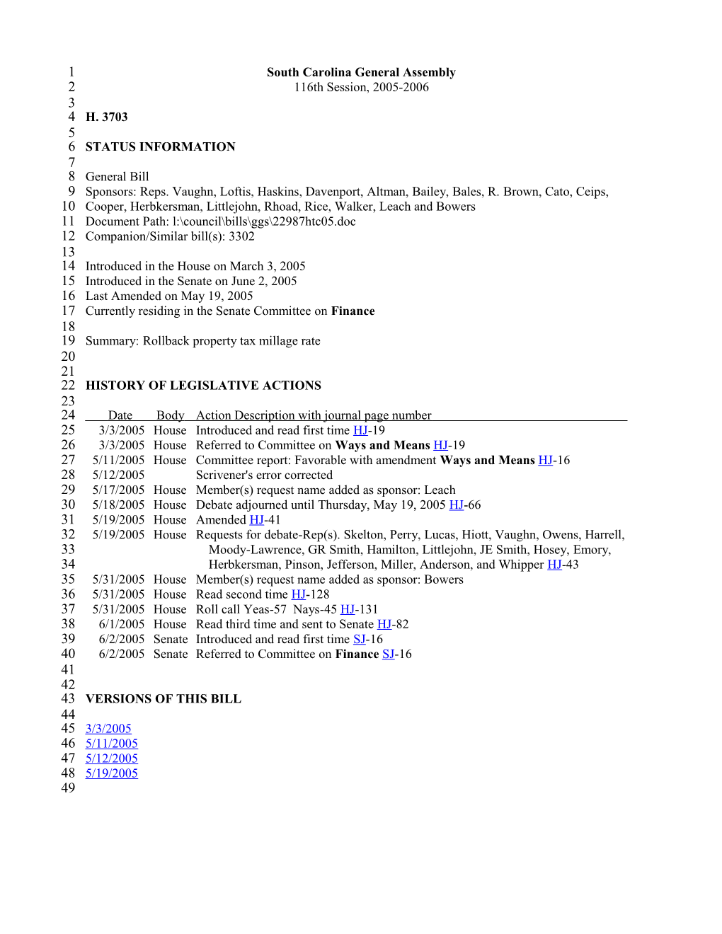 2005-2006 Bill 3703: Rollback Property Tax Millage Rate - South Carolina Legislature Online