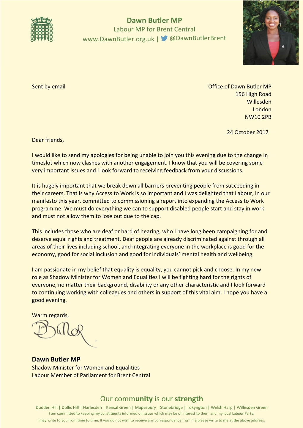 Letter from Dawn Butler MP