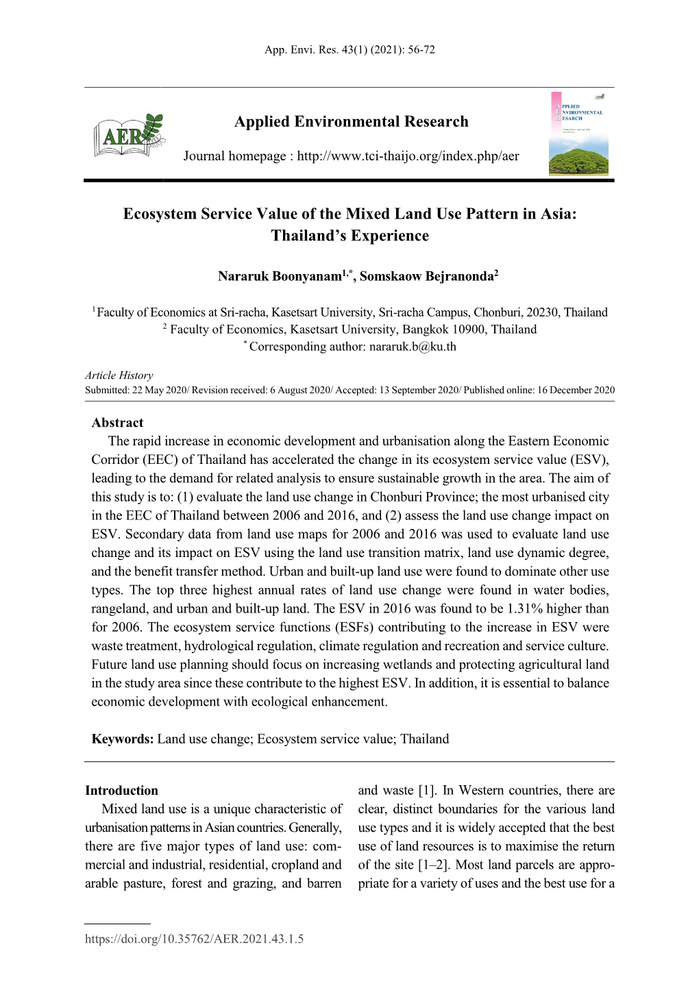 Ecosystem Service Value of the Mixed Land Use Pattern in Asia: Thailand's Experience Applied Environmental Research