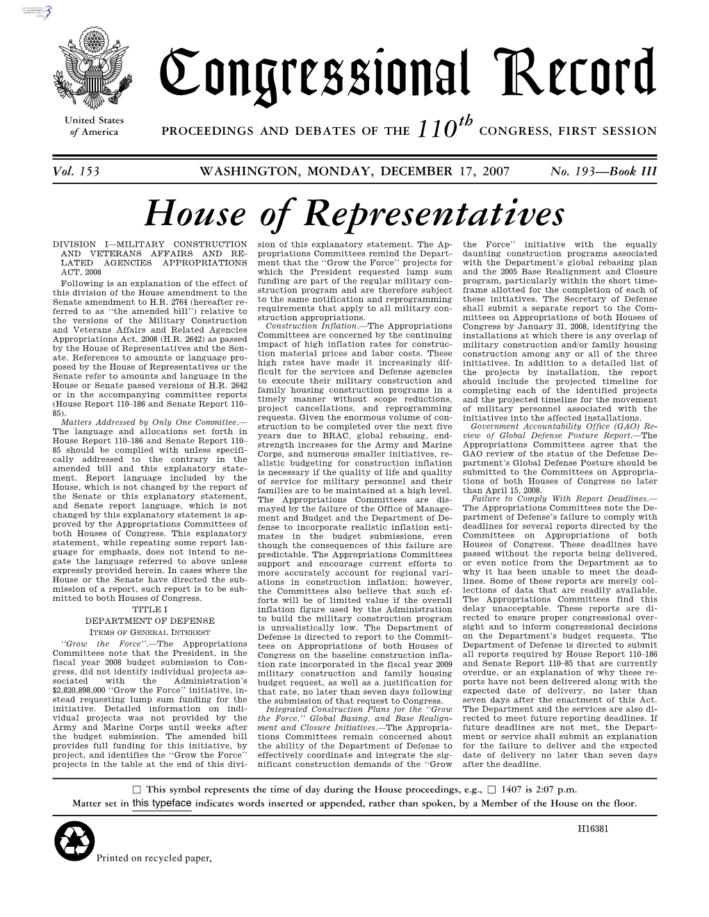 Congressional Record United States Th of America PROCEEDINGS and DEBATES of the 110 CONGRESS, FIRST SESSION