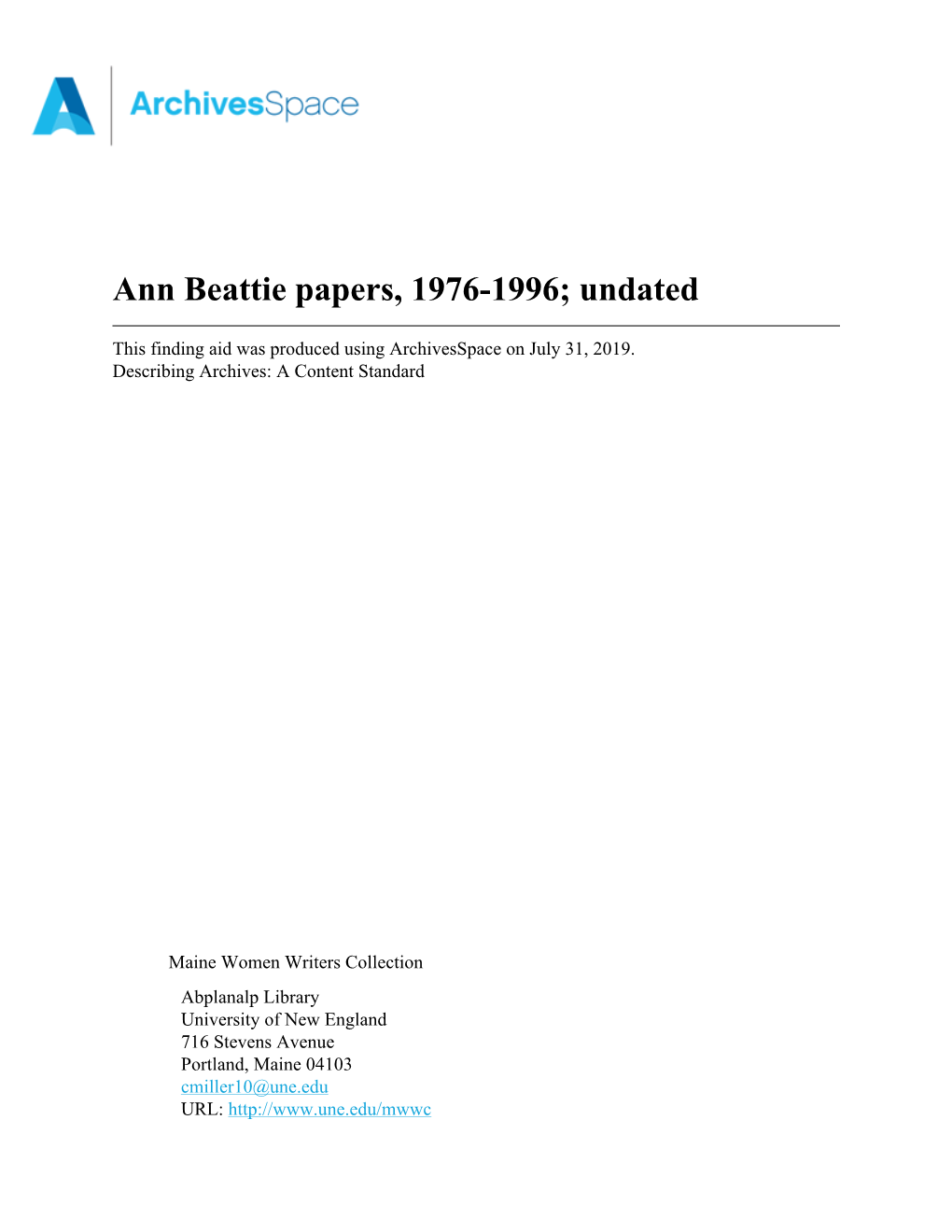 Ann Beattie Papers, 1976-1996; Undated