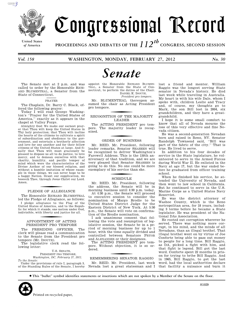 Congressional Record United States Th of America PROCEEDINGS and DEBATES of the 112 CONGRESS, SECOND SESSION