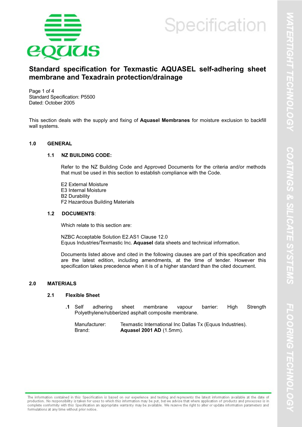 Standard Specification for Texmastic AQUASEL Self-Adhering Sheet Membrane and Texadrain