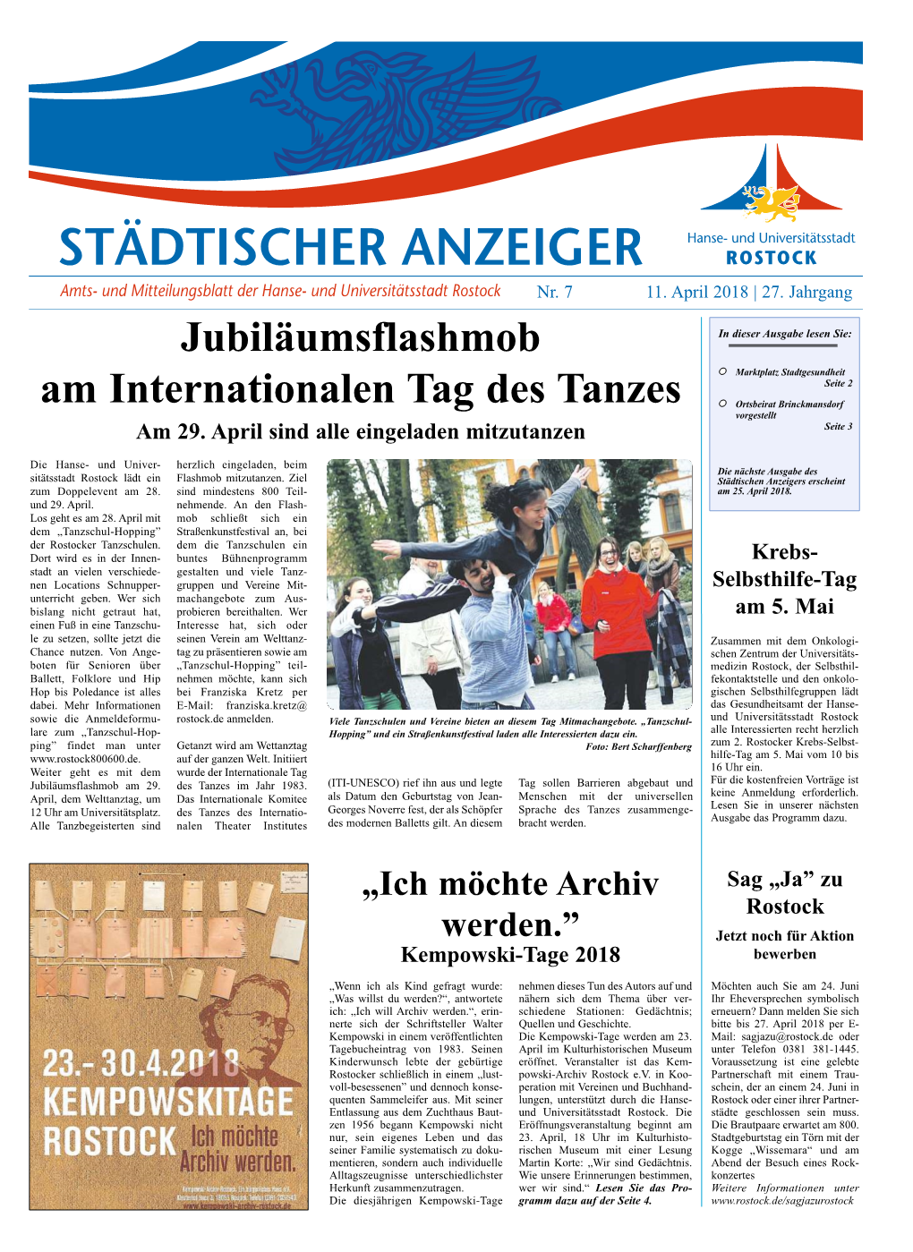 STÄDTISCHER ANZEIGER Hanse- Und Universitätsstadt Amts- Und Mitteilungsblatt Der Hanse- Und Universitätsstadt Rostock Nr