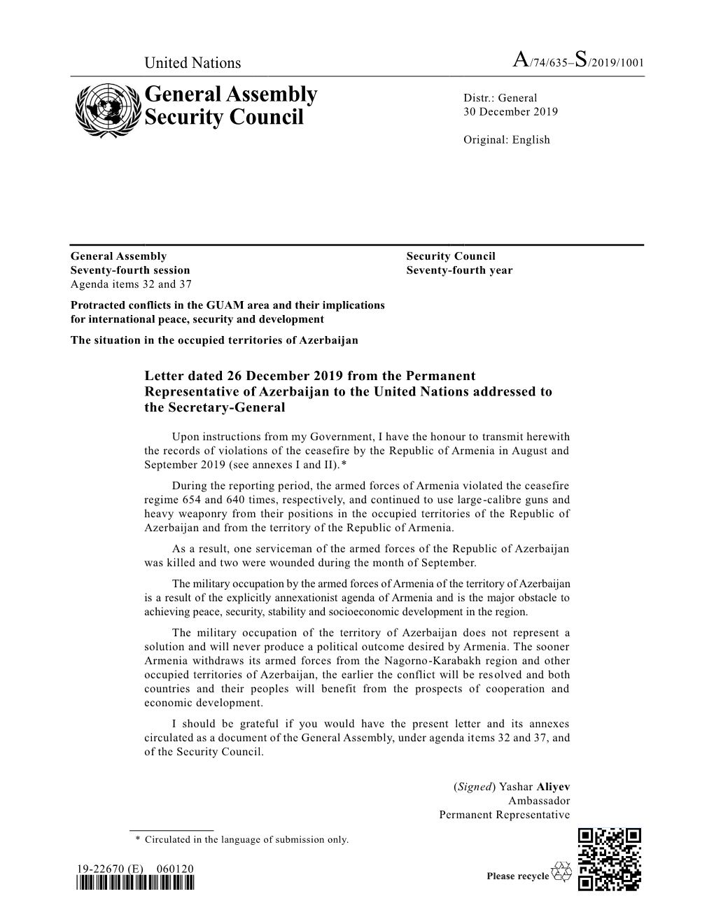 A/74/635–S/2019/1001 General Assembly Security Council