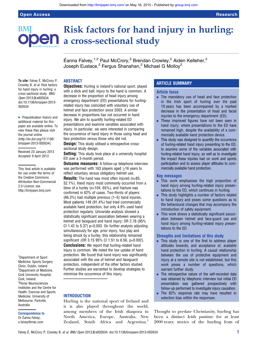 Risk Factors for Hand Injury in Hurling: a Cross-Sectional Study