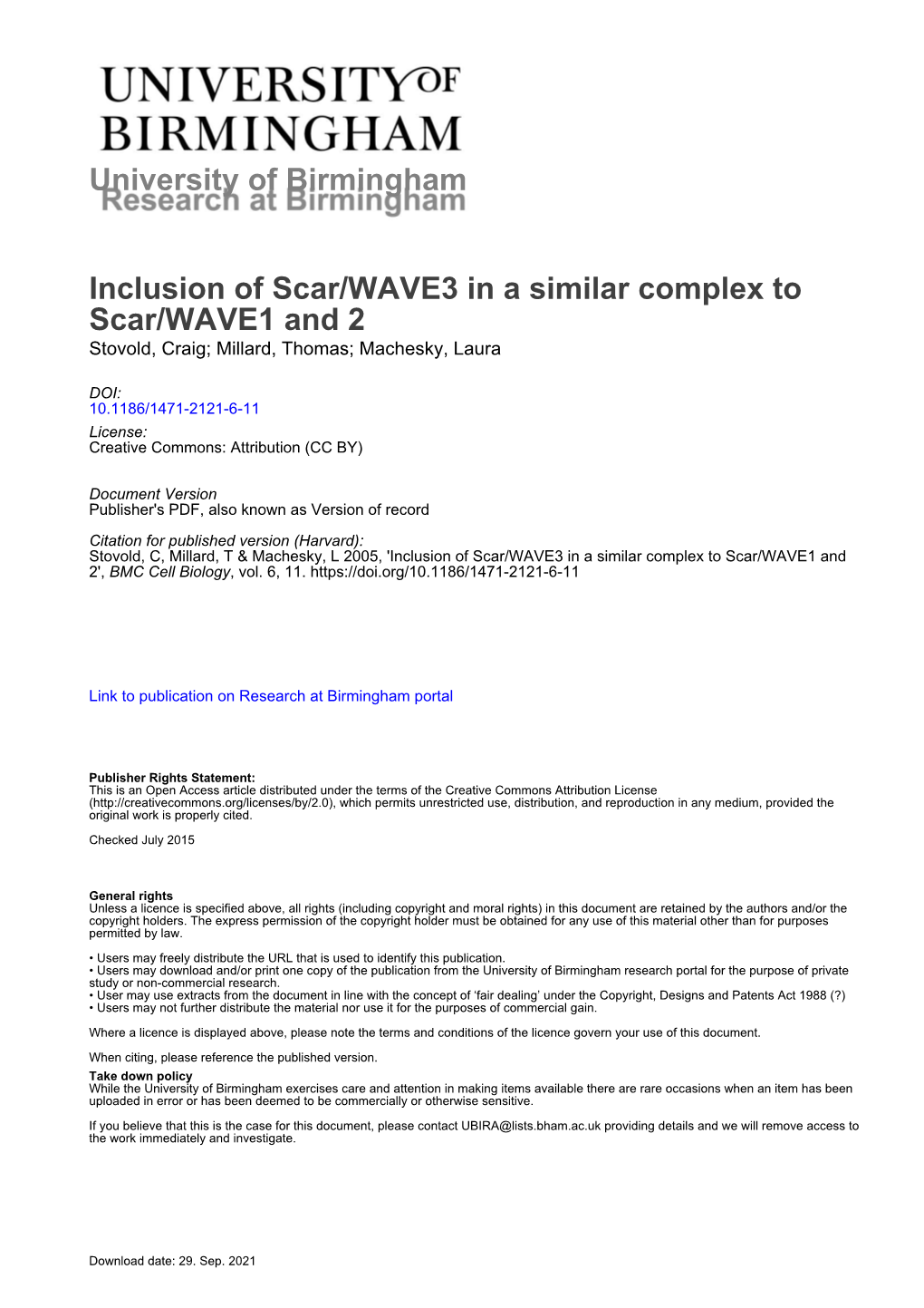 University of Birmingham Inclusion of Scar/WAVE3 in a Similar