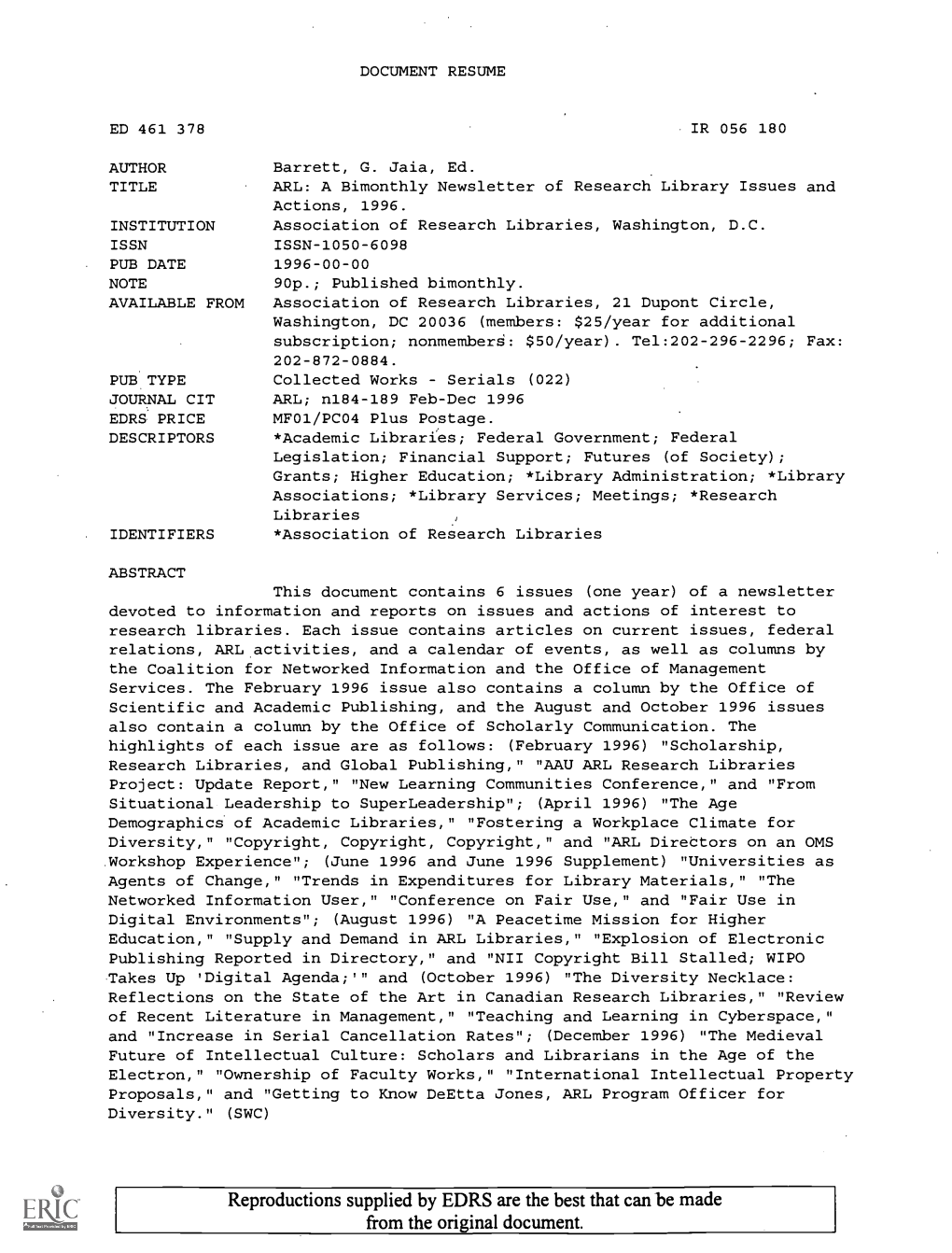 ARL: a Bimonthly Newsletter of Research Library Issues and Actions, 1996