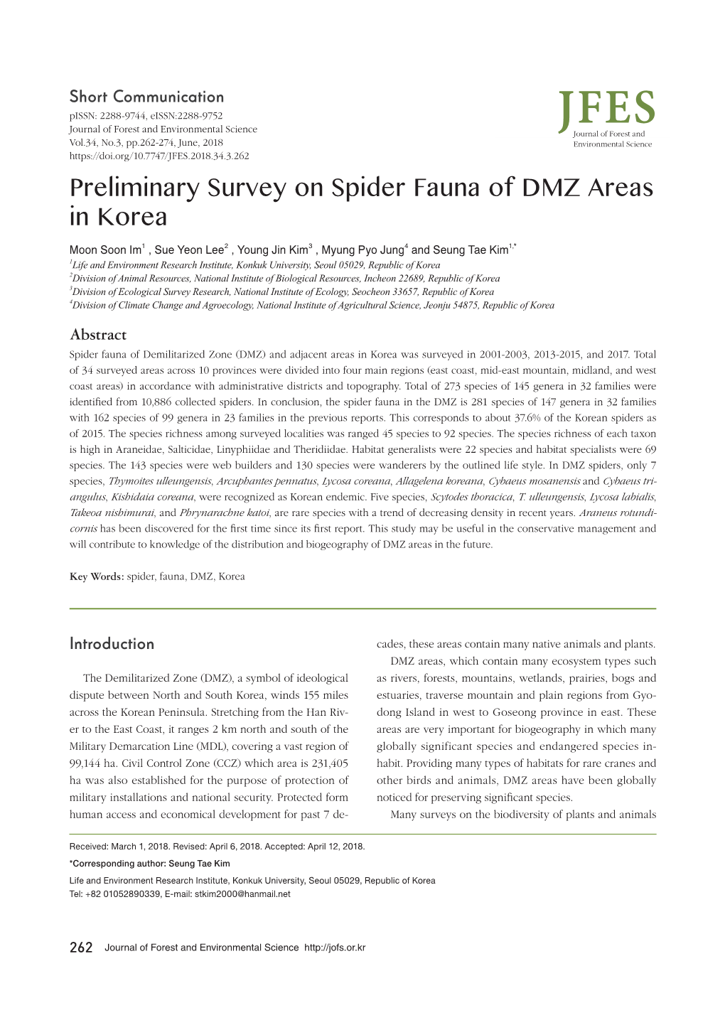 Preliminary Survey on Spider Fauna of DMZ Areas in Korea