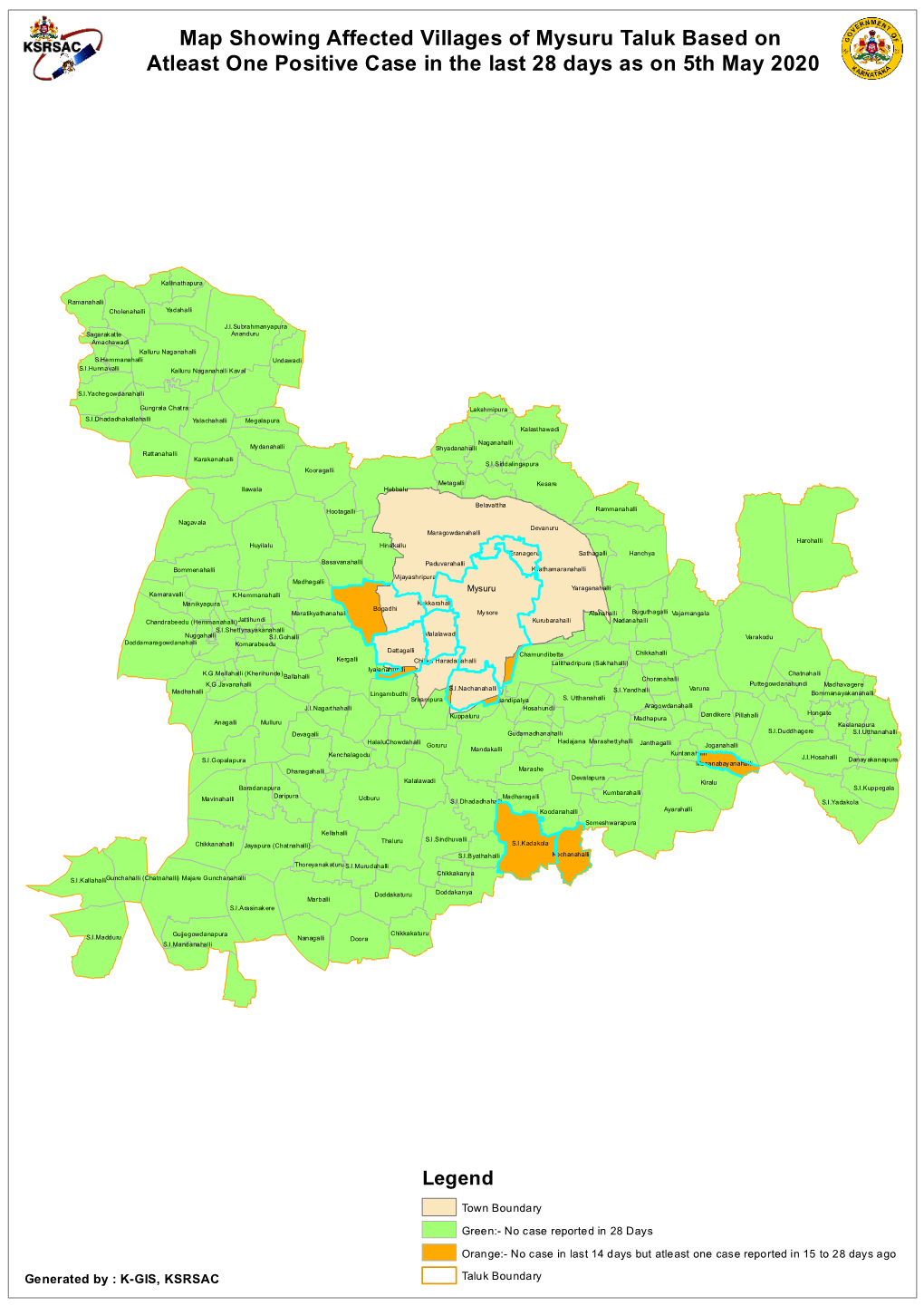 Map Showing Affected Villages of Mysuru Taluk Based on Atleast One Positive Case in the Last 28 Days As on 5Th May 2020