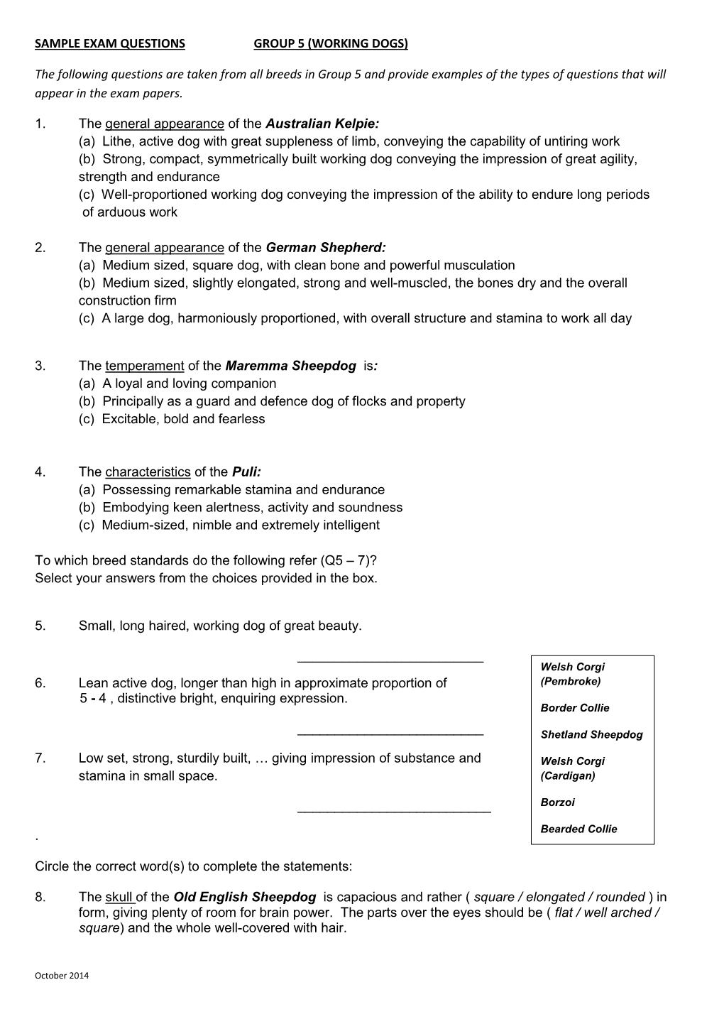 Sample Exam Questions Group 5 (Working Dogs)