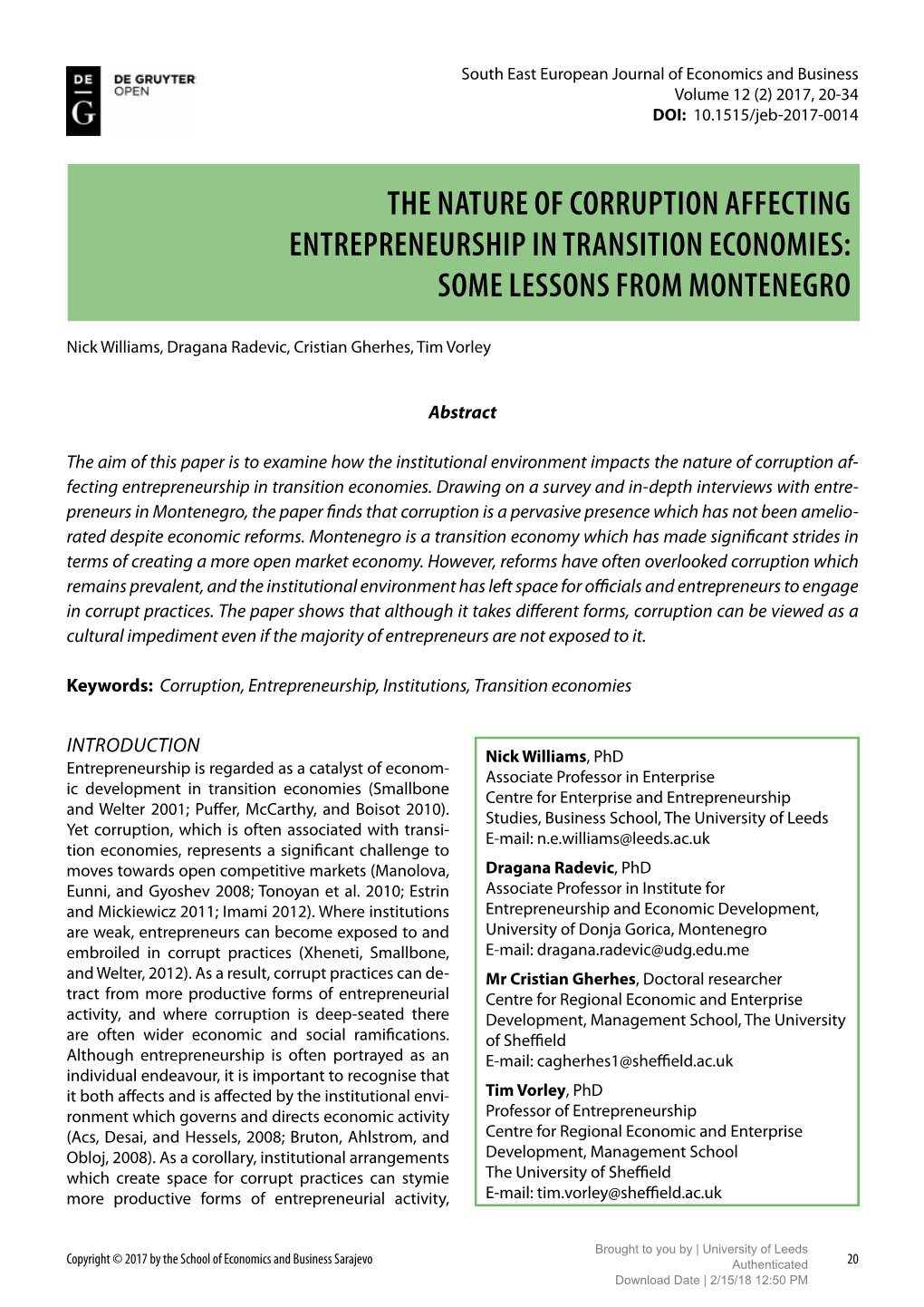 The Nature of Corruption Affecting Entrepreneurship in Transition Economies: Some Lessons from Montenegro