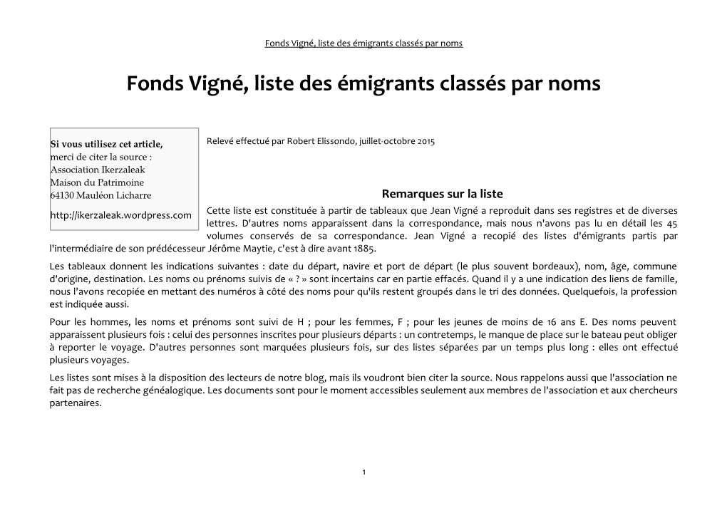 Fonds Vigné, Liste Des Émigrants Classés Par Noms