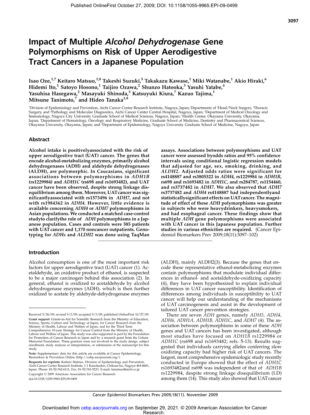 Impact of Multiple Alcohol Dehydrogenase Gene Polymorphisms on Risk of Upper Aerodigestive Tract Cancers in a Japanese Population