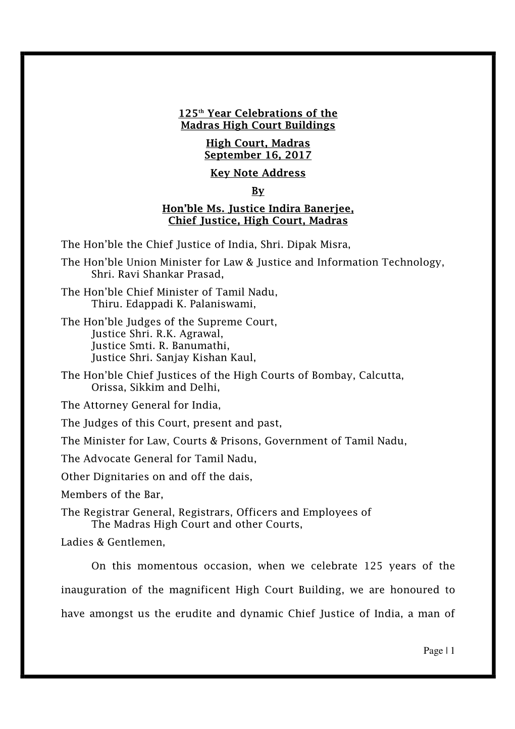 Page | 1 125Th Year Celebrations of the Madras High Court Buildings